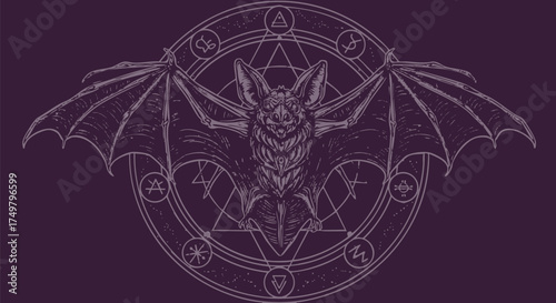 Detailed bat illustration with wings spread inside a magical circle design art