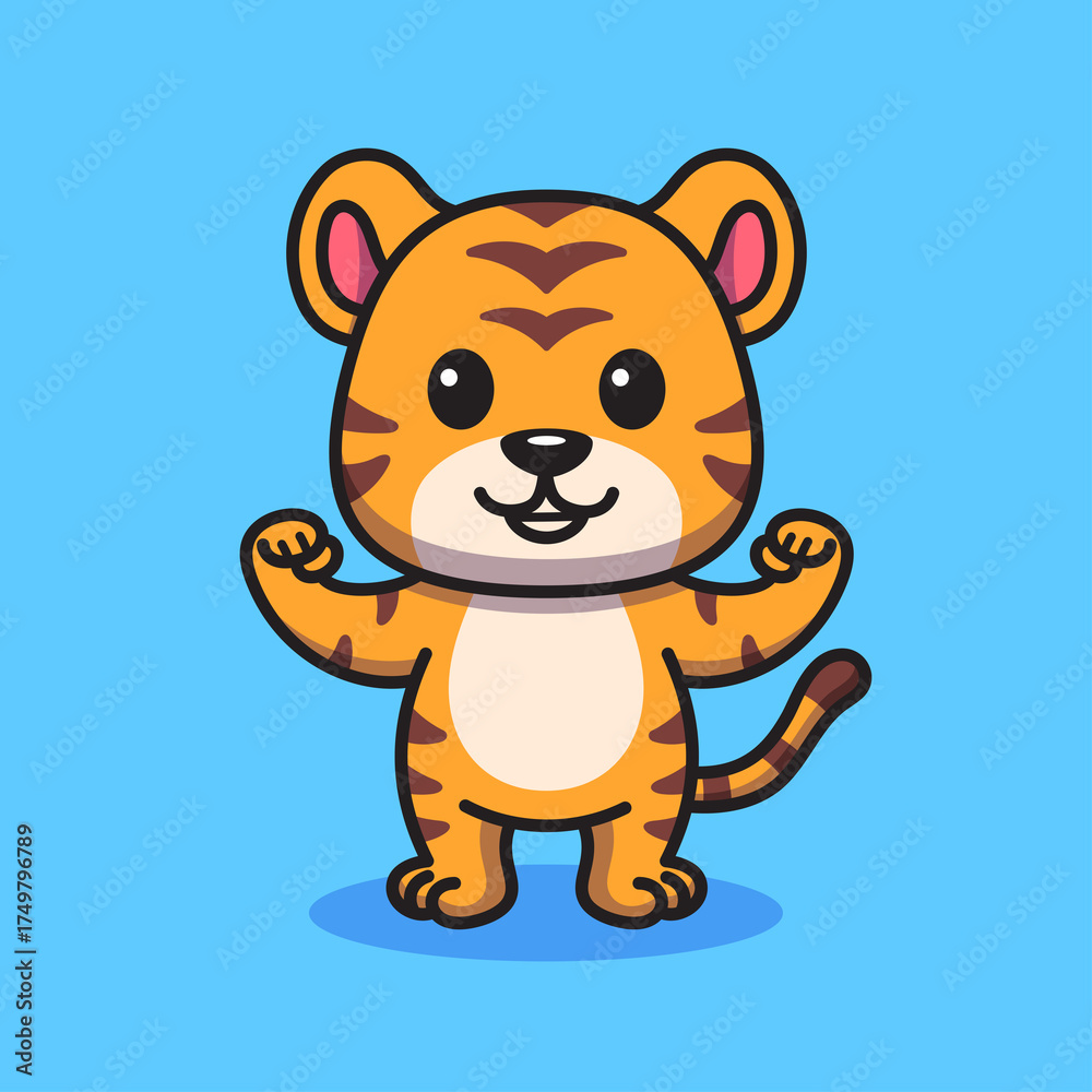 Obraz premium Cute Pixel Art Tiger Flexing Muscles Cartoon Style Orange and Black Stripes Bright Blue Background