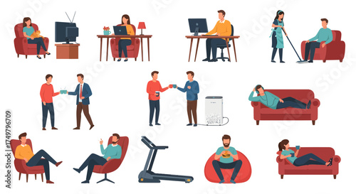 A diverse set of flat vector illustrations depicting various domestic lifestyle concepts and daily home activities