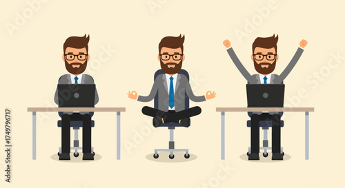 Set of a cartoon businessman character at the workplace, from focused work to mindful meditation and joyful success