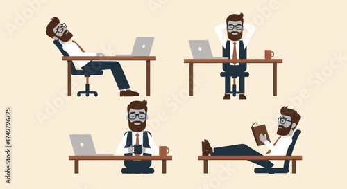 Vector illustration set of a bearded businessman character in various relaxed poses at the office desk, taking a break and enjoying work-life balance