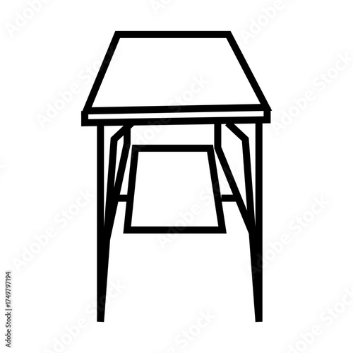 Minimalist black and white vector illustration of a desk or table with simple geometric lines, isolated on white background.