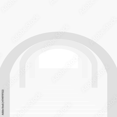 Bright, serene minimalist passage featuring symmetrical arches and steps in a pristine white space.