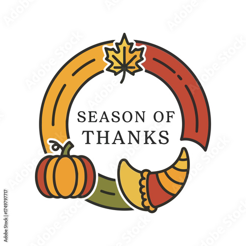Autumn wreath with pumpkin cornucopia and maple leaf saying season of thanks vector