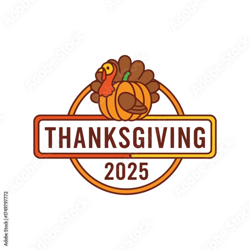 Cute thanksgiving turkey pumpkin emblem celebration holiday 2025 greeting card design vector