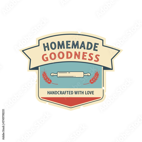 Emblematic homemade goodness emblem with baking elements and script font for food branding and artisan products vector