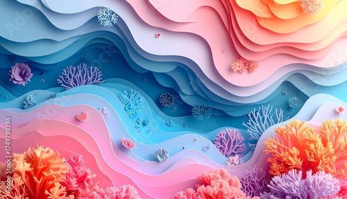 Surreal layered paper-cut style background with floating organic shapes, colorful coral reef, and gentle shadows, abstract underwater art