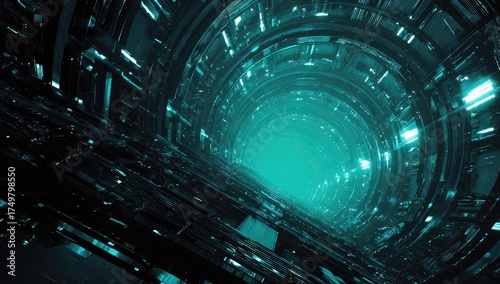 Fototapeta Naklejka Na Ścianę i Meble -  Perspective shot of a futuristic, cylindrical, illuminated tunnel with complex inner workings