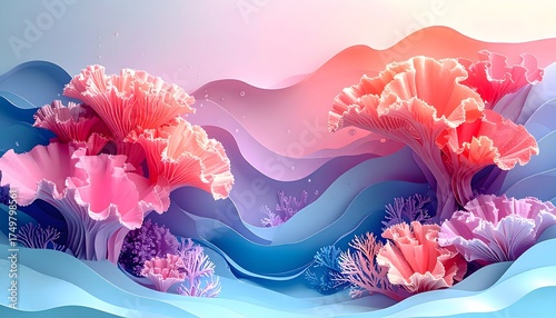 Surreal layered paper-cut style of pink coral sea fans over wavy blue background, floating organic shapes, abstract illustration