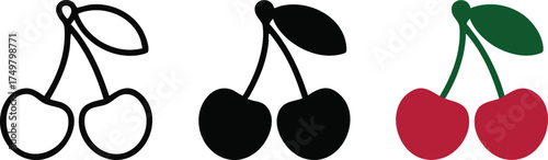 Minimal illustration of cherries in three styles including line drawing, black silhouette, and red fruit with green leaf on white background