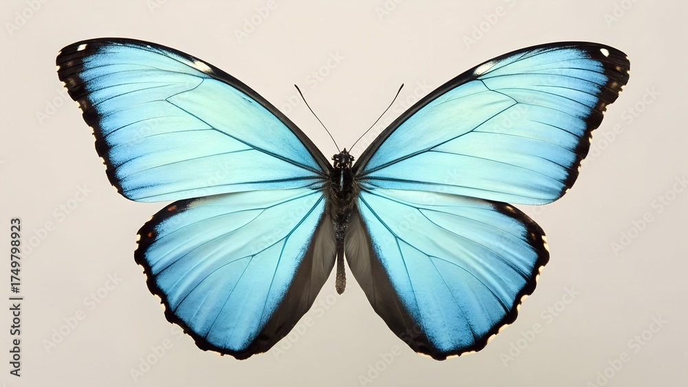 Obraz premium Blue Morpho Butterfly with Spread Wings on Dark Background – Nature Portrait Featuring Iridescent Blue Coloration, Symmetry, and Biological Detail, Editorial, Wildlife, Science, Beauty, Environment