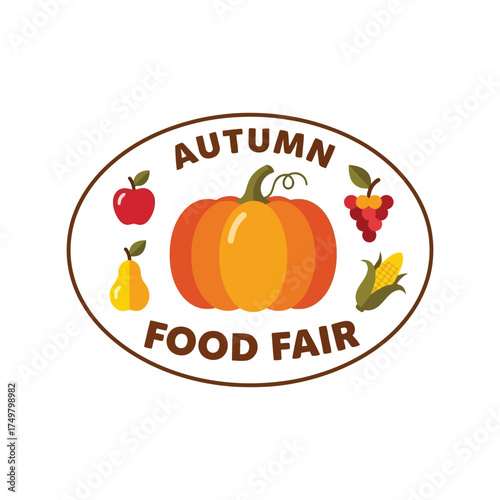 Festive autumn food fair oval sign featuring pumpkin fruits vegetables harvest celebration vector