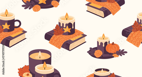 Cozy autumn reading vibes seamless pattern candles books pumpkins fall holiday ambiance vector