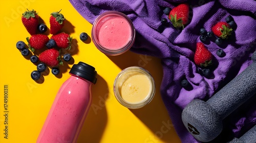Flat lay of fruit smoothies, gym gear, and water bottle on a vibrant background. Concept: Healthy living, fitness, nutrition, active lifestyle, wellness, minimalism. © Nail