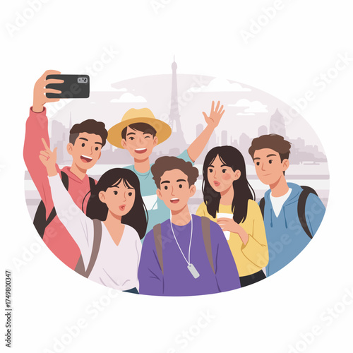 Flat Design Group of Tourist Taking Selfie Travel Illustration