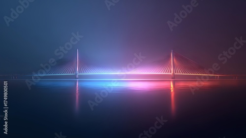 Luminous Urban Outline Reflected: Abstract Cityscape with Gradient Blue and Pink Neon Bridge Lights at Night