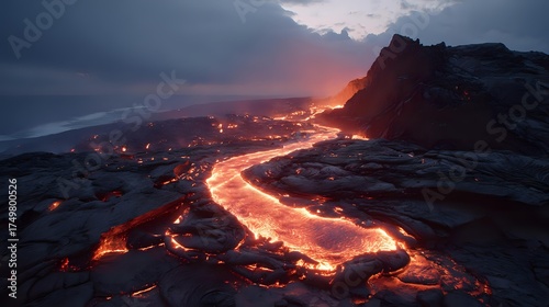 Fiery Lava River Cascading Through Volcanic Terrain Under a Moody Night Sky