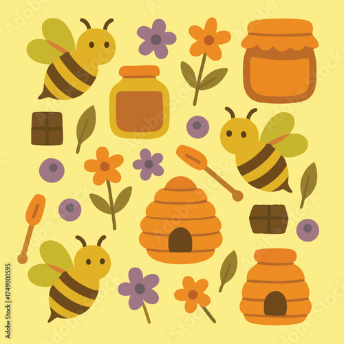 Honeybee Apiary Bee Beehive Beekeeping Honey Apiculture Honeycomb Hive Bees Hives Nectar Propolis Sweet Cute Vector Print Design Illustration