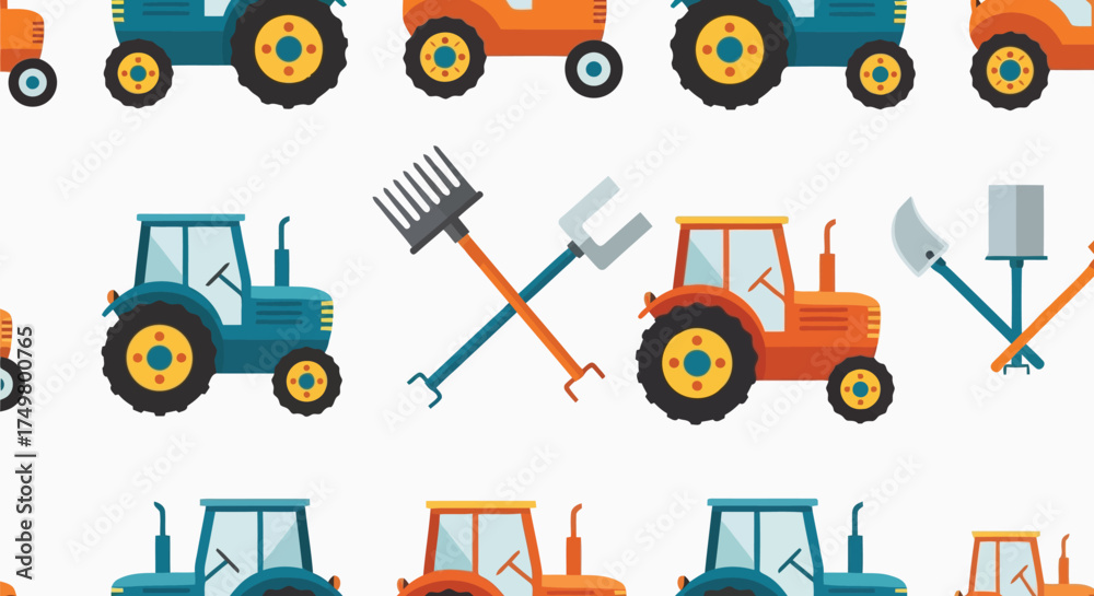 Fototapeta premium Seamless pattern cute cartoon tractors and farming tools rural agricultural machinery vector illustration vector