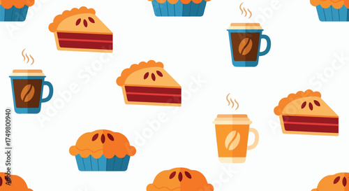 Cozy autumn dessert pattern delicious slice of pie and hot coffee cup seamless repeat vector