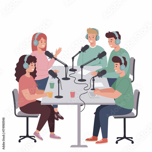 Flat Cartoon Group Podcast Recording Session with Microphones Illustration