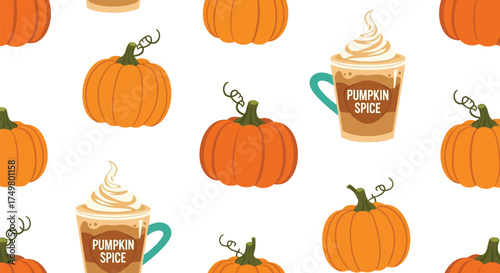 Autumn pumpkins and pumpkin spice latte seamless pattern for seasonal designs vector