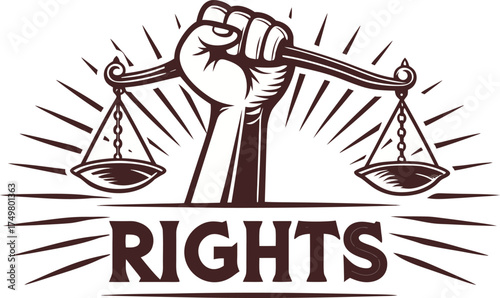 Fist holding scales of justice with rays and word RIGHTS