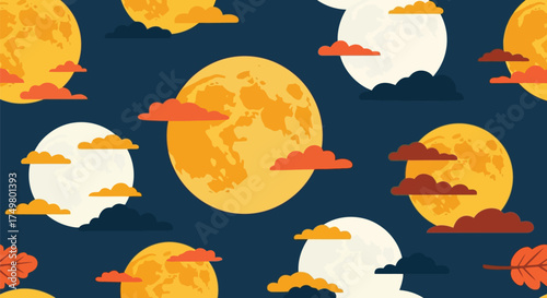 Autumn moon night sky clouds traditional asian autumnal festival decorative background pattern vector
