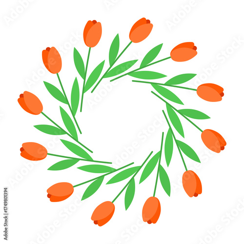 Flowers wreath. Red tulips circle frame. Vector illustration. Floral border of buds and leaves. Summer and spring plant garland. Template for postcard design.