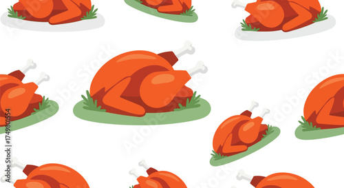 Festive roasted chicken pattern seamless repeating food illustration thanksgiving holiday cuisine vector