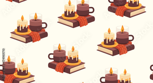 Cozy autumn scene candle coffee book warm autumnal atmosphere seamless pattern vector