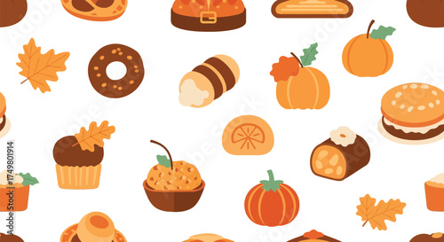 Seamless autumn harvest food celebration pattern cute flat icons festive delights vector