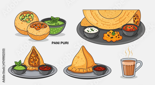 A vibrant illustration showcasing popular Indian street food items including Pani Puri, Samosas, Dosa, and a cup of Masala Chai.