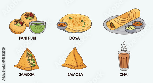 An illustration showcasing a variety of popular Indian street food items including pani puri, dosa, samosa, and a cup of chai.