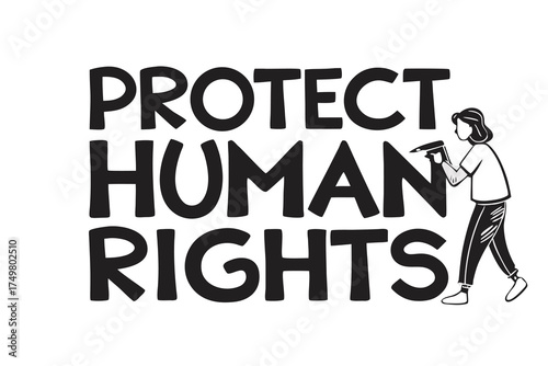 Protect Human Rights text with person holding pencil
