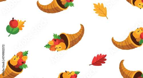 Seamless autumn harvest cornucopia pattern with falling leaves thanksgiving fall celebration vector