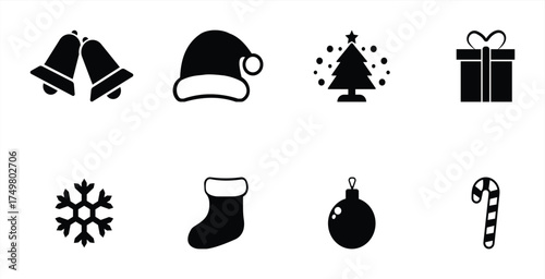 Christmas Icon Set in Black Silhouette Style with Tree, Gift, Bell, Hat, Sock, Snowflake, Ornament, and Candy Cane Symbols