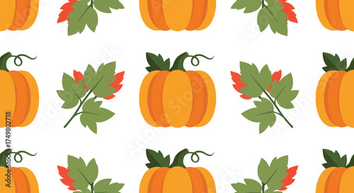 Seamless pattern autumn pumpkins and leaves festive fall harvest decoration graphic design vector
