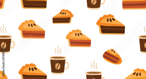Cozy autumn dessert pattern slices of apple pie and hot coffee cups seamless background vector