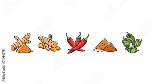 A collection of illustrated spices including turmeric root, red chili peppers, spice powder, and green cardamom pods.