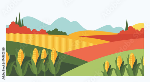 Vibrant autumn landscape with rolling hills and agricultural fields of golden crops vector