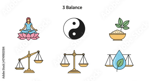 Three rows of icons representing balance, including yoga, yin yang, plant growth, and scales.