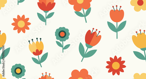 Vibrant retro floral pattern seamless background delicate flowers botanical art cute illustration vector