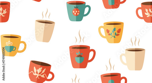 Cozy coffee mugs seamless pattern illustration hot beverages delightful morning warmth festive drinkware collection vector