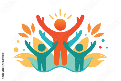 Diverse group of people celebrating with raised arms and sunburst
