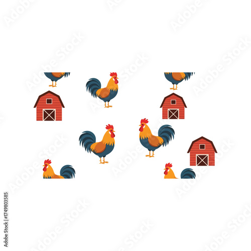 Colorful roosters and red barns watercolor art cute farm animals countryside rural life illustration vector