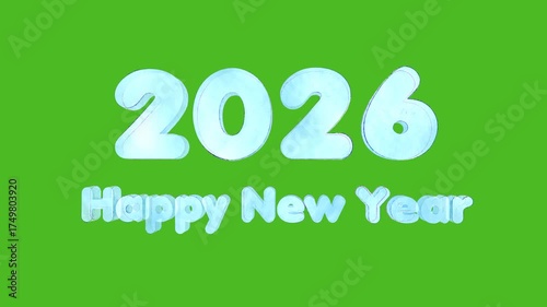 “2026 Happy New Year” 3D text animation freezes with icy effect on green screen background, winter festive animation with frost and cold atmosphere for holiday and seasonal projects, green screen.