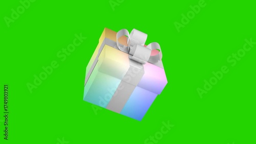 Colorful gradient gift box rotating on green screen background, seamless looped 3D animation for celebration, holiday, Christmas and creative design projects, chroma key.