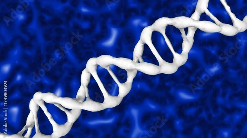 White DNA helix rotating in close-up with animated blue liquid background, seamless looped 3D biotechnology animation for science, medicine and futuristic projects