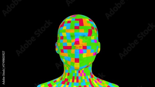 Human bust made of animated pixels moving closer and farther from camera on black background, seamless looped 3D digital art animation for technology, AI and futuristic projects.